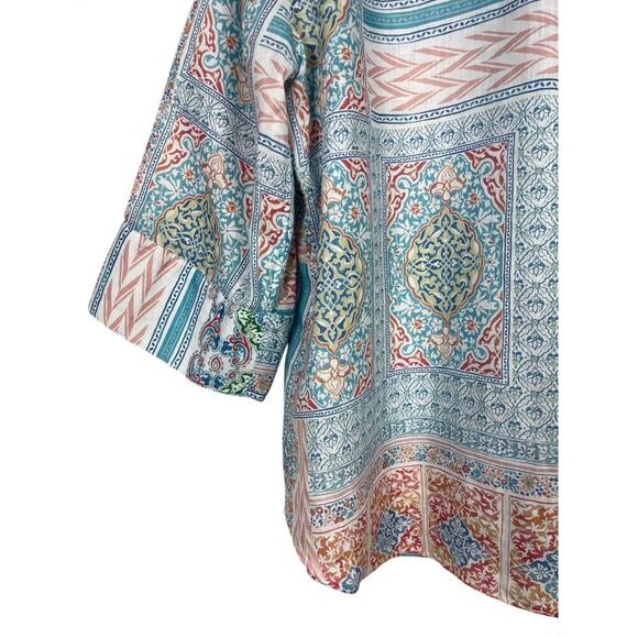 Chico’s Linen Mosaic Print Button Down Top Size 3 (XL) Pastel Blue Multi Boho - Picture 9 of 11